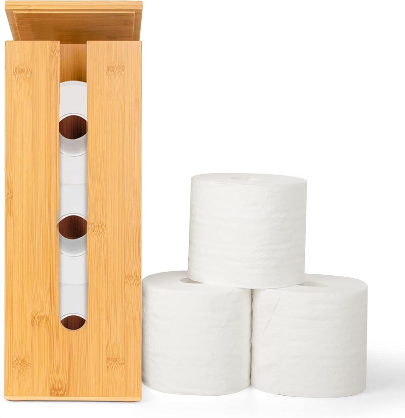 GOBAM Bamboo Toilet Paper Storage - Fits 3 Mega Toilet Paper, Bathroom Organizer, Toilet Paper Holder Stand, Bamboo Bathroom Accessories - Natural, 5.9 x 5.9 x 16.1 inches - Image 1
